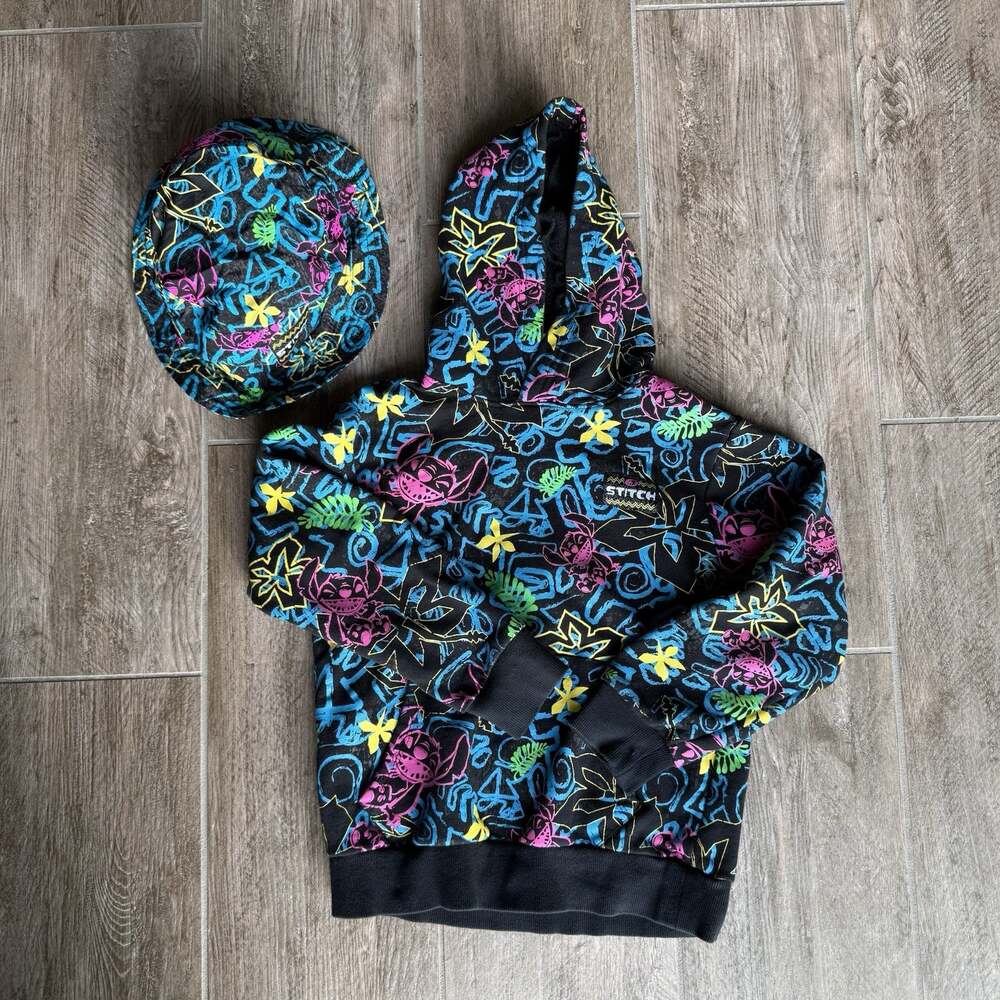 Disney Stitch Youth Hoodie Fleece Lined Black Neon Size 7/8 Matching Bucket Hat